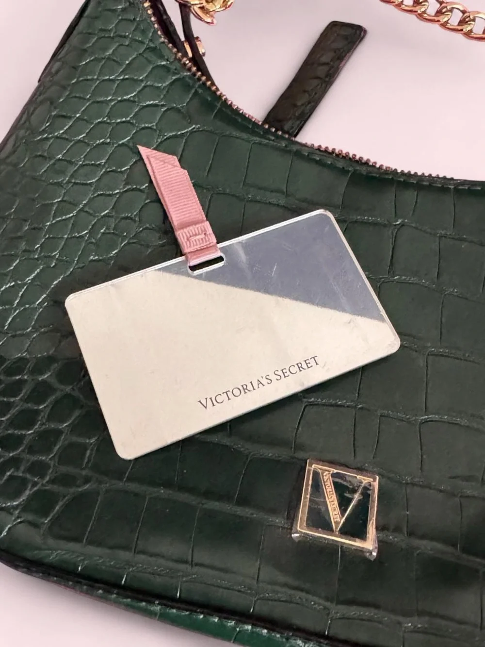 Victoria's Secret Dark Green Croc-Embossed Shoulder Bag with Gold Chain